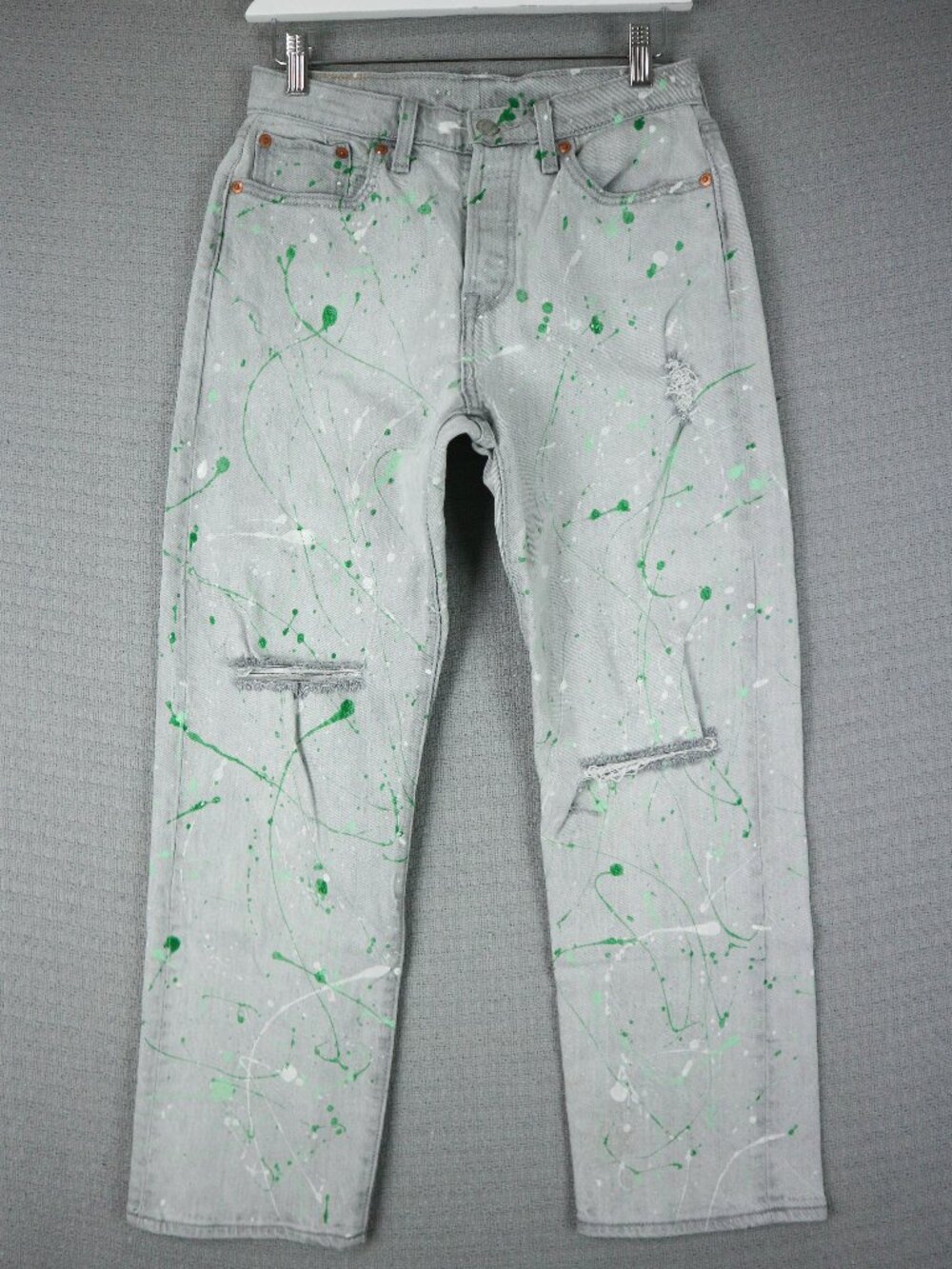 Light Gray Distressed Women’s Jeans with Green Paint Splatter